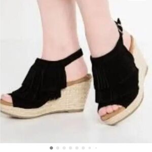 Minnetonka Black Suede Espadrille Wedges